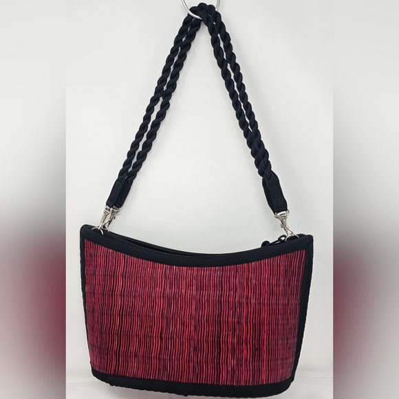 Baskets of Cambodia Red  Black Rattan Shoulder Basket Purse Twist Double Handles - Picture 1 of 15